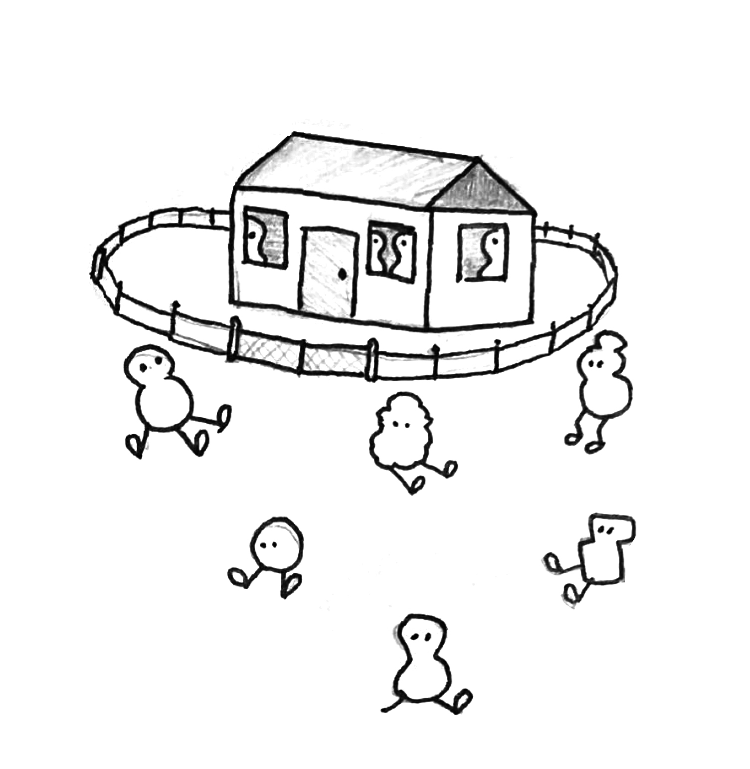 Illustration: A house  with similar beings are inside. Beings that are different sit in front of it.