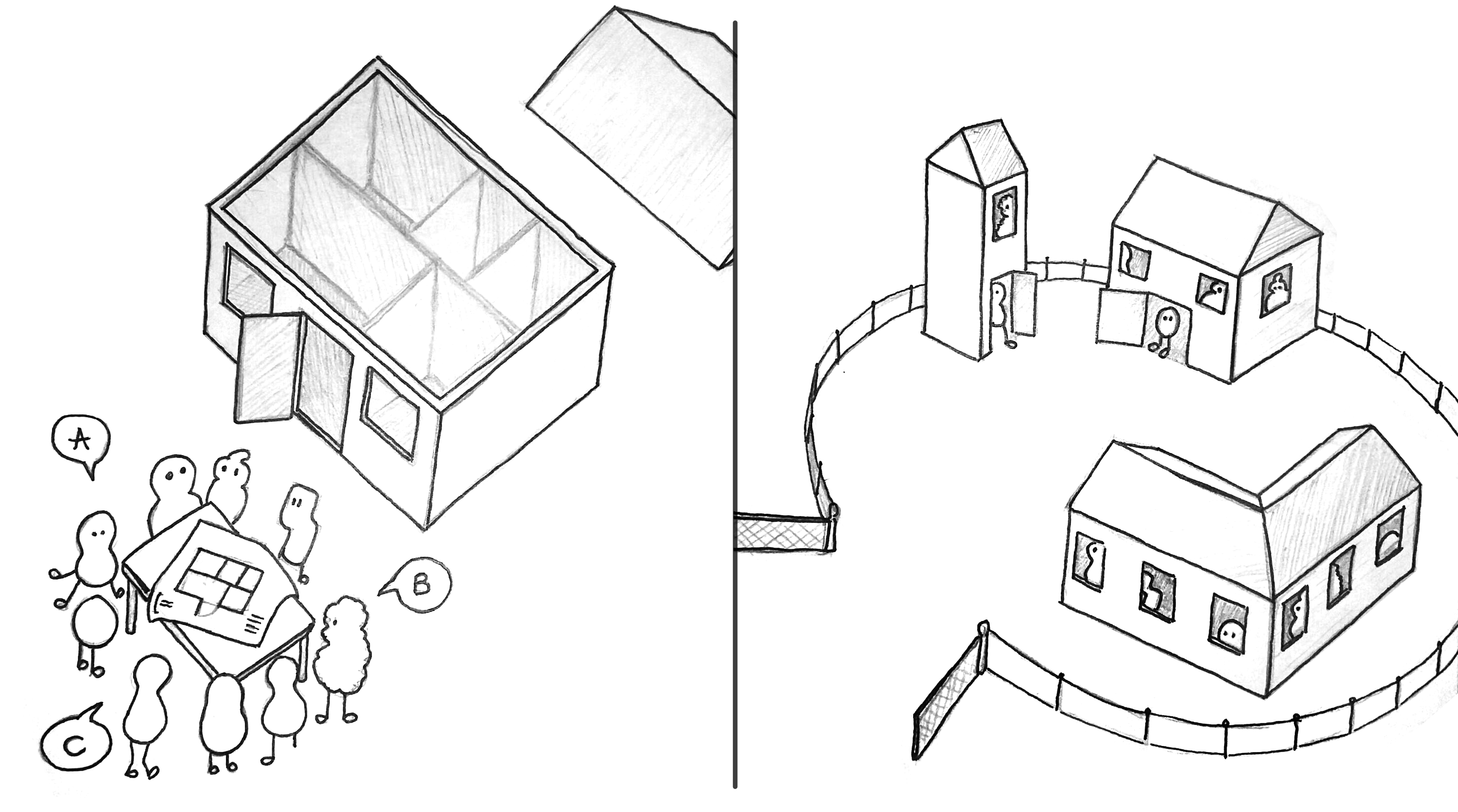 Illustration 1: All beings look together at how the house is built. Illustration 2: There are now different houses that fulfil everyones needs.