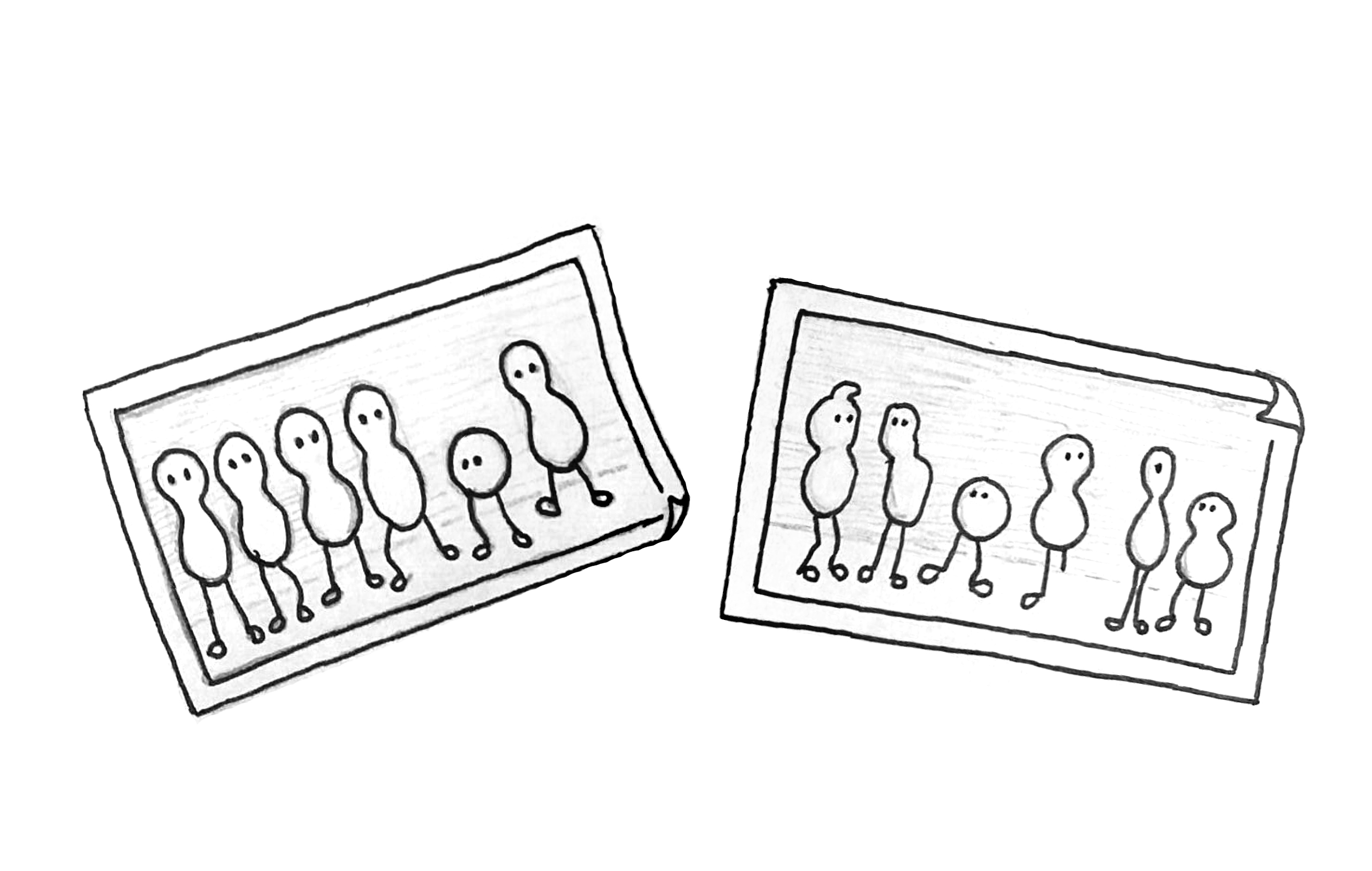 Illustration: Two images, one showing 5 beings that are alike and one that is different, the other one showing 6 different beings.