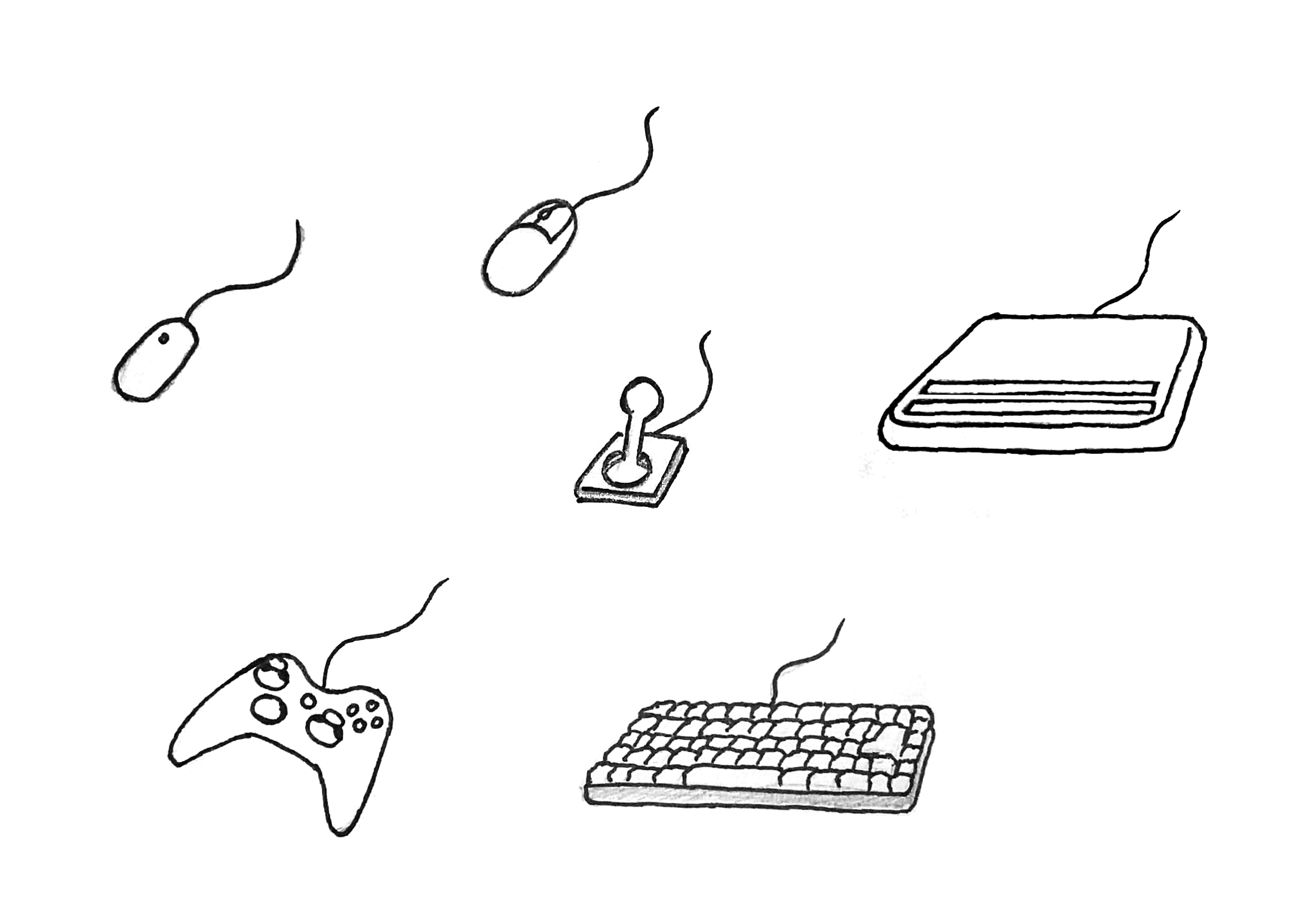 Illustration: 2 different mouses, a keyboard, a refreshable braille display, a gamepad and a joystick.