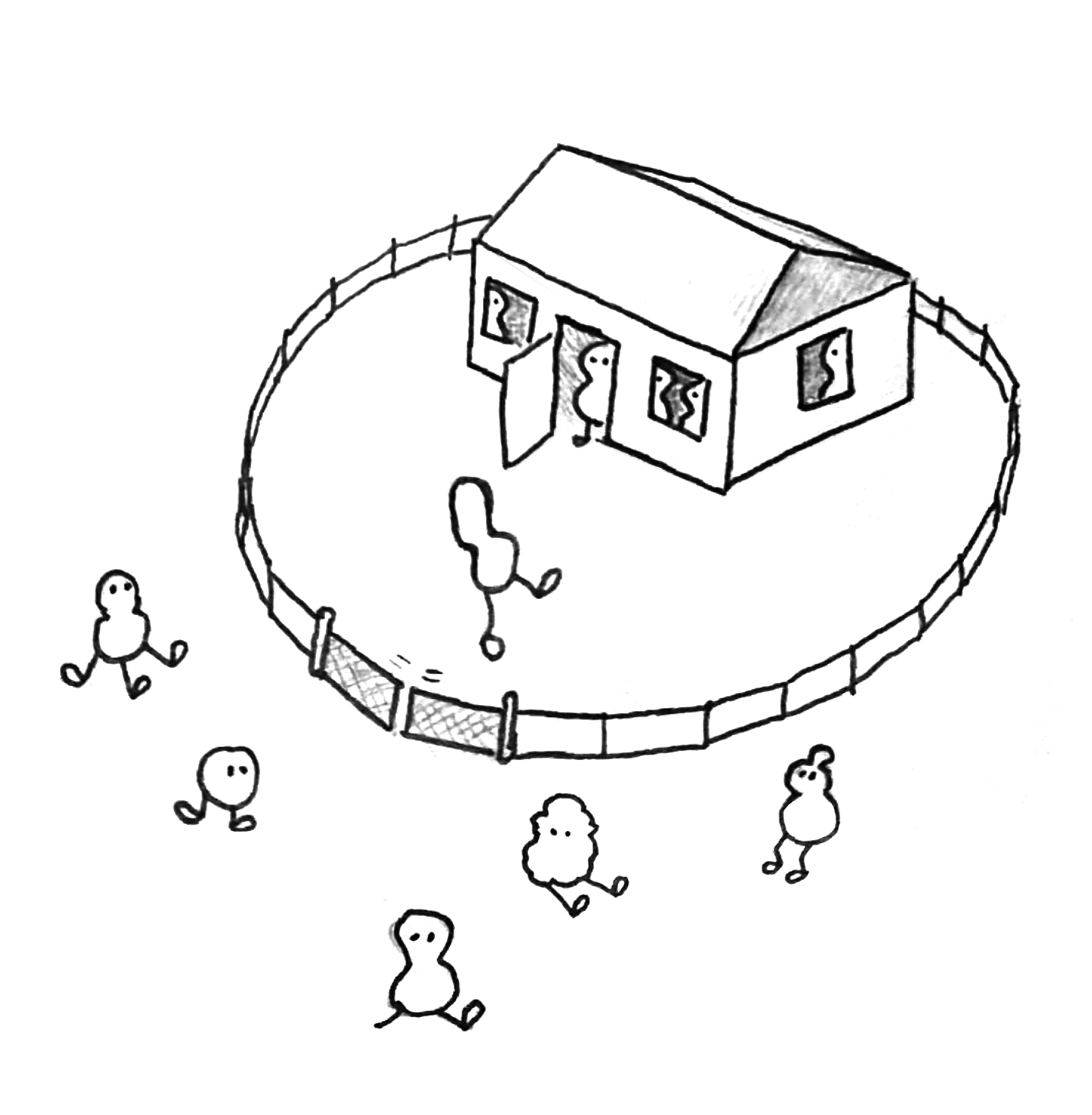 Illustration: A house  with similar beings are inside. Beings that are different sit in front of it. One of them is aloud to come inside.