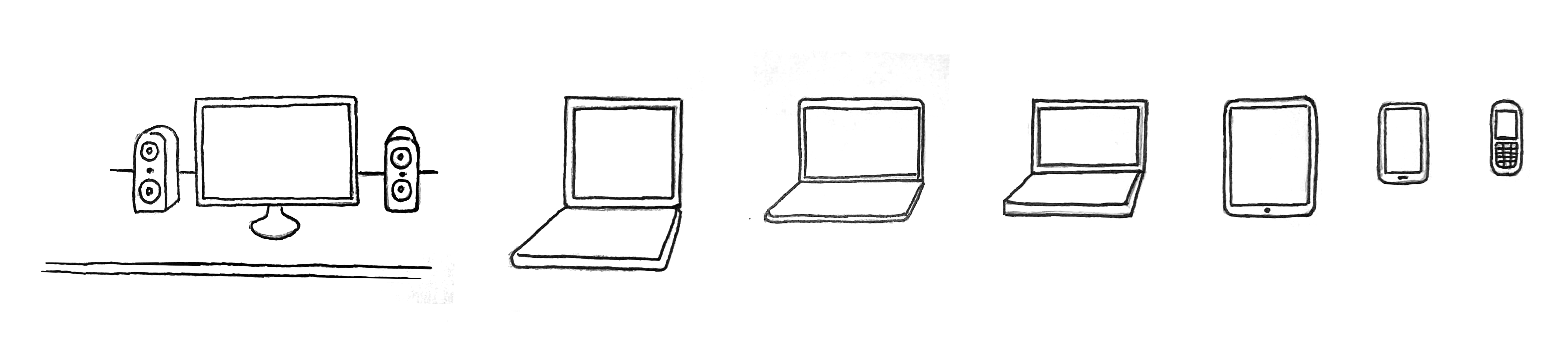 Illustration: A desktop computer, three different laptops, a tablet, a smartphone and a cellphone.