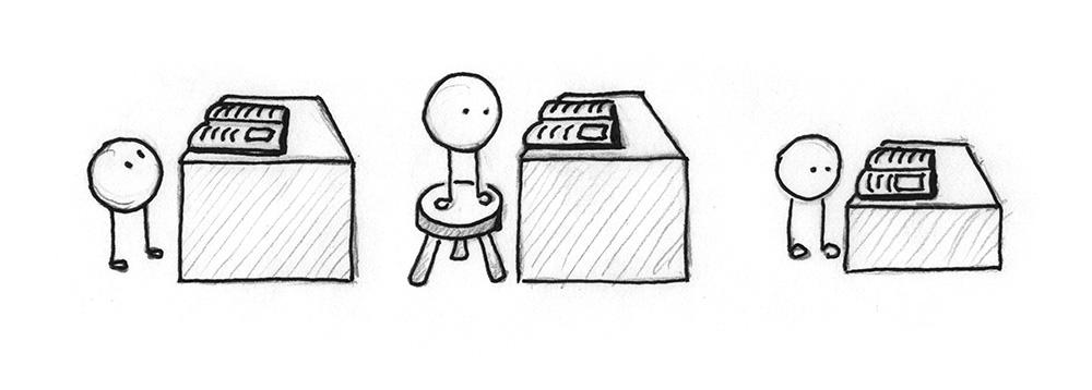 Illustration 1: A small being can not see a book on a high table. Illustration 2: A small being can see a book on a high table, as it stands on a stool. Illustration 3: A small being can see a book on a low table.