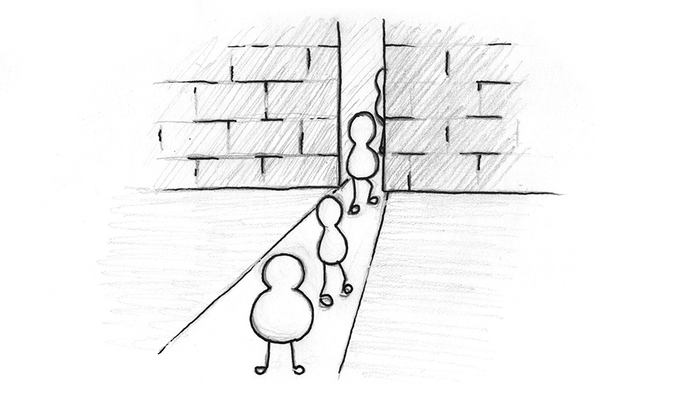 Illustration: A barrier with individuals passing thorugh it. One individual cannot pass it because of the way it is built.