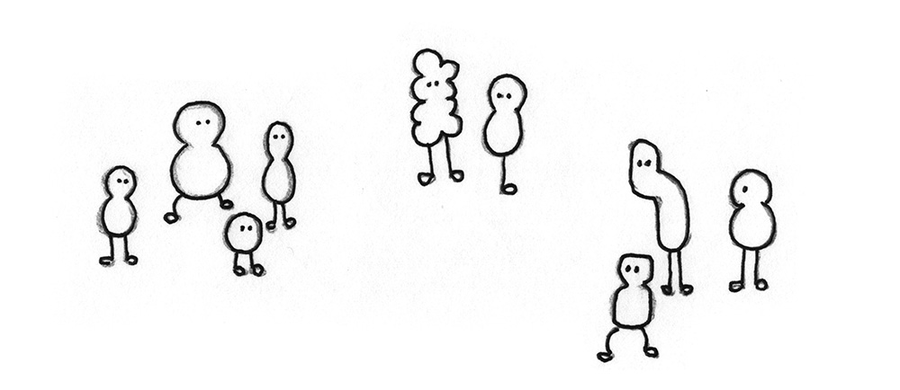Illustration: 9 different beings in three groups looking at each other.
