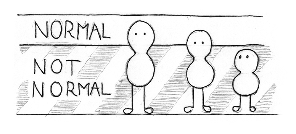 Illustration: 3 beings that differ in height. A line in the background defines which height is still normal. The smallest beings height is lower than that line.