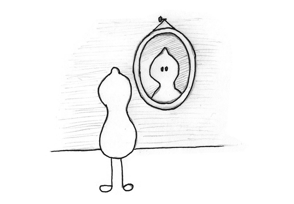 Illustration: A being looks at itself in the mirror.