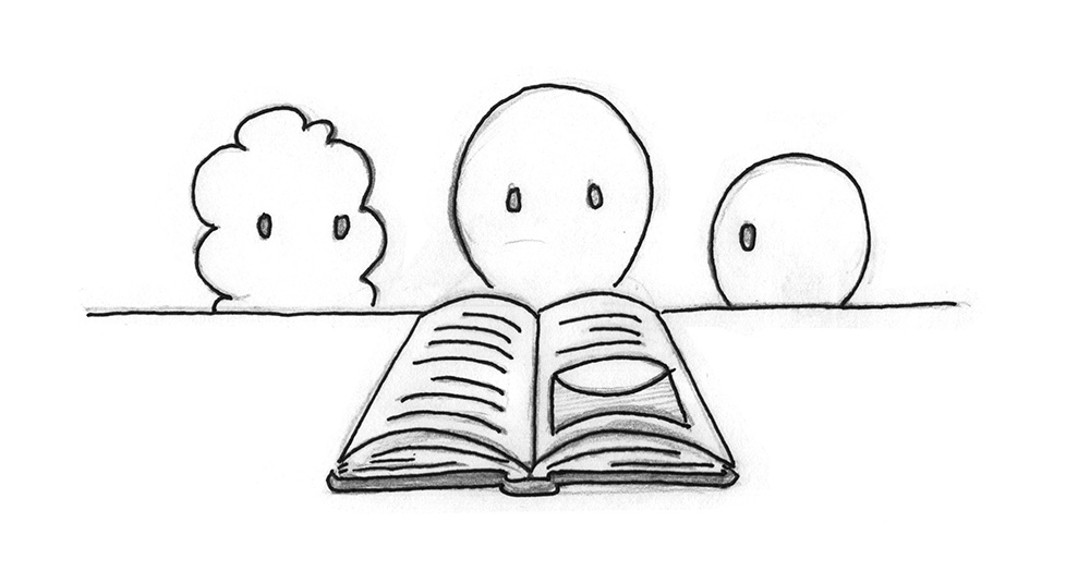 Illustration: Different young beings looking at a book together.