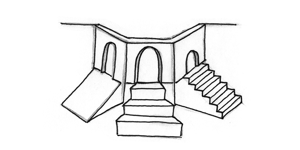 Illustration: Three sperate entrances leading to the same place. One entrance has a ramp, one has tall stairs, one has low stairs.