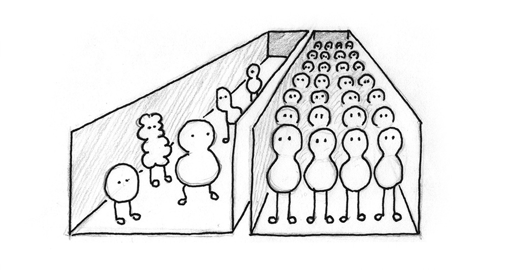 Illustration: A lot of similar beings in one box and a few other, diverse beings in another box.